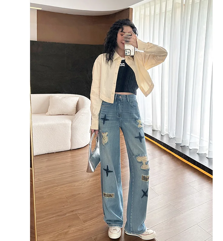 2023 Spring/Summer Thin Cut Hole Wide Leg Jeans, Small Stand, High Waist, Slim, Versatile, Straight Leg Floor Sweeper Pants