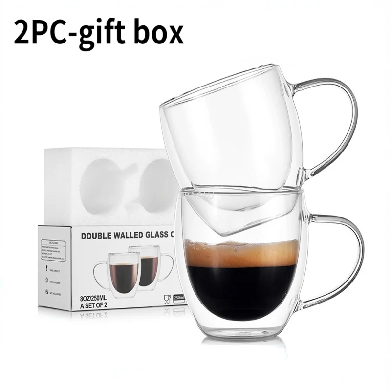2pc/6pc Double-layer Heat-resistant Glass Coffee Cup Transparent Tea Beer Coffee Water Cups Heat Preservation cup Gift set