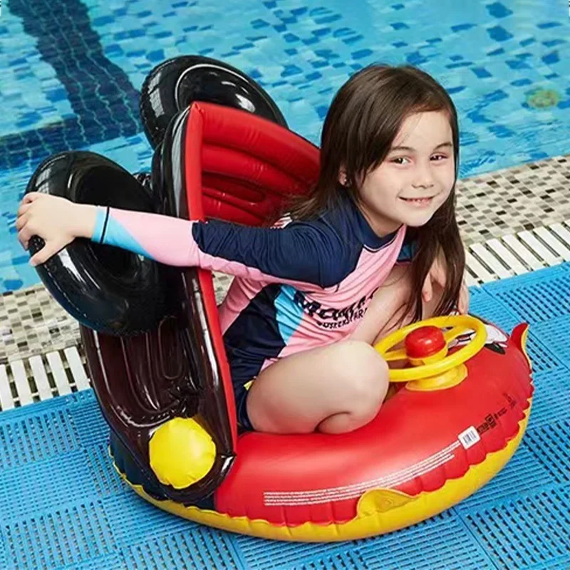 Baby Swimming Float Ring With Roof Inflatable Double Raft Rings Toy Floating Cartoon Steering Wheel Kids Swim Pool Accessories 2