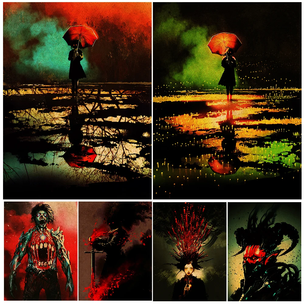 

Clown And Demon From Hell,Vintage Wall Art Canvas Print Abstract Surreal Terror Art Poster And Print Home Decoration Unframed