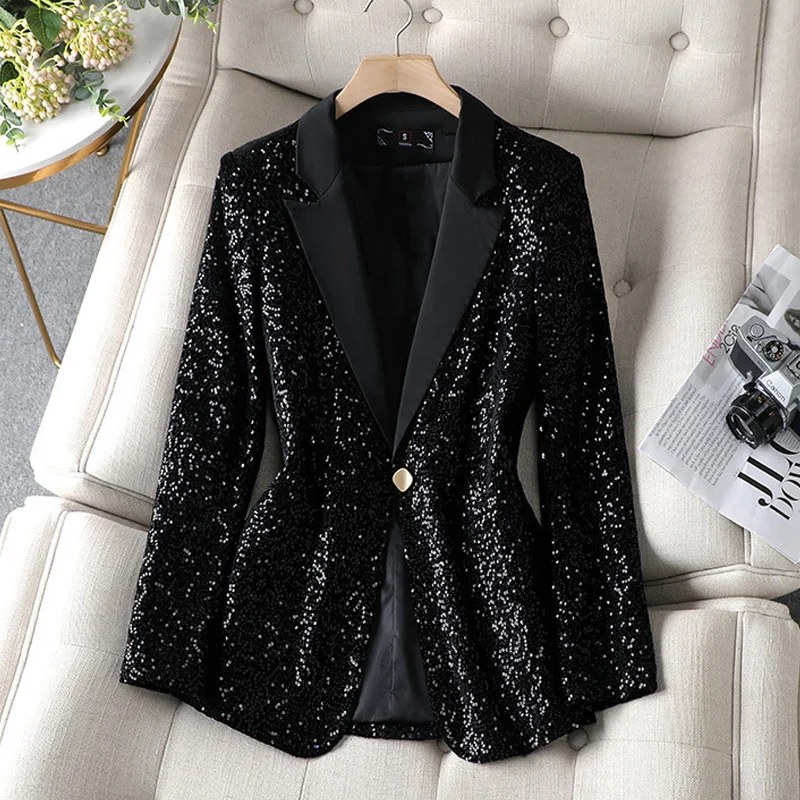

Elegant Korean Fashion Women Blazer Office Lady Long Sleeve Patchwork Notched Collar Single Button Slim Sequins Blazer