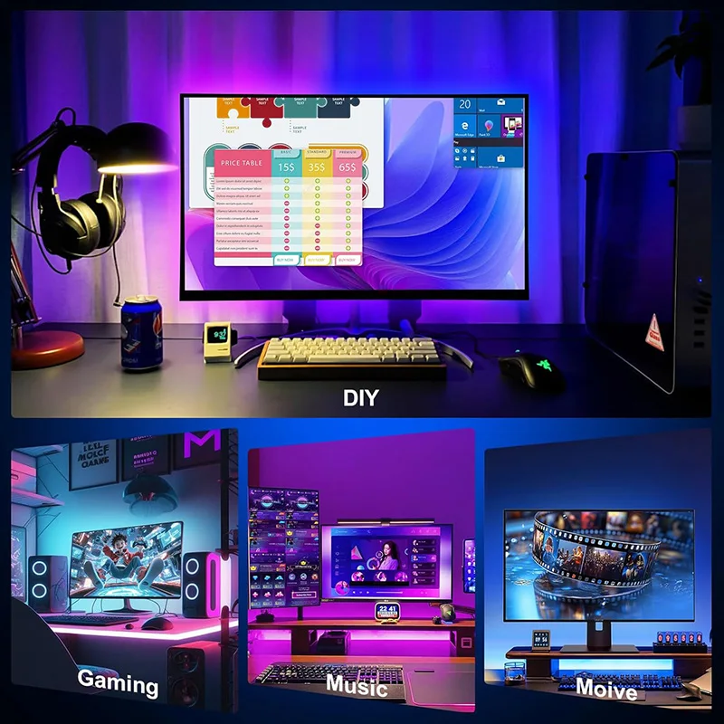 새로운 PC 화면 동기화 백라이트 LED 스트립 조명 RGB+IC 스마트 게임 라이트 스트립 USB 다이오드 테이프 (컴퓨터 모니터 게임 분위기 조성용)