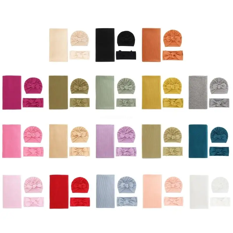 

Pack of 3pcs Baby Swaddles Wrap Towel Newborns Headdress with Turban Hat Set Dropship