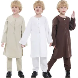 Saudi Arabia Children Robe Muslim Clothes Kids Qamis Boy Jubba Thobe 2 Piece Set Islamic Clothing Eid Ramadan Abaya Kaftan Robes
