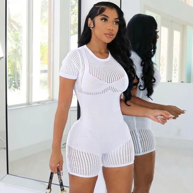 BKLD 2023 Summer Women Clothing New Zipper Sexy Hollow Out Tight Lifting Hip Knitted One Pieces Shorts Rompers For Women qili sexy off the shoulder white black women rompers hollow out lace up knitted cotton play suits women short jumpsuit rompers