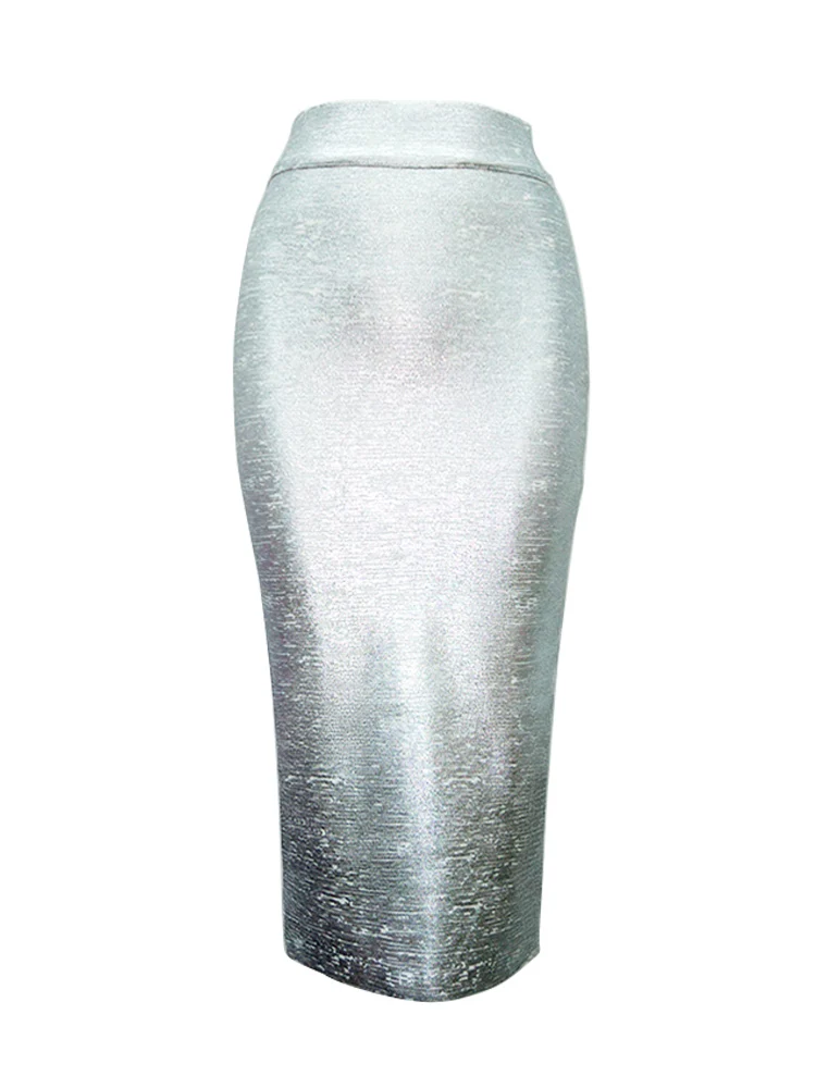 Women Summer Skirt Sexy Silver Gold Bronzing Midi Bandage Skirt