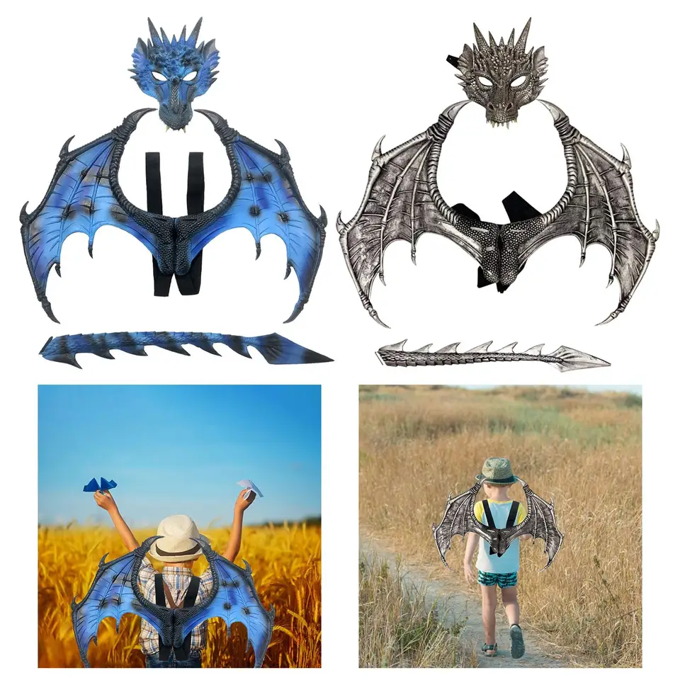 Costume Dragon Enfant AYBUY - Combinaison Avec Ailes, Masque 3D, Queue Et Gants, Taille S/M/L (3-12 Ans), Pour Halloween Cosplay