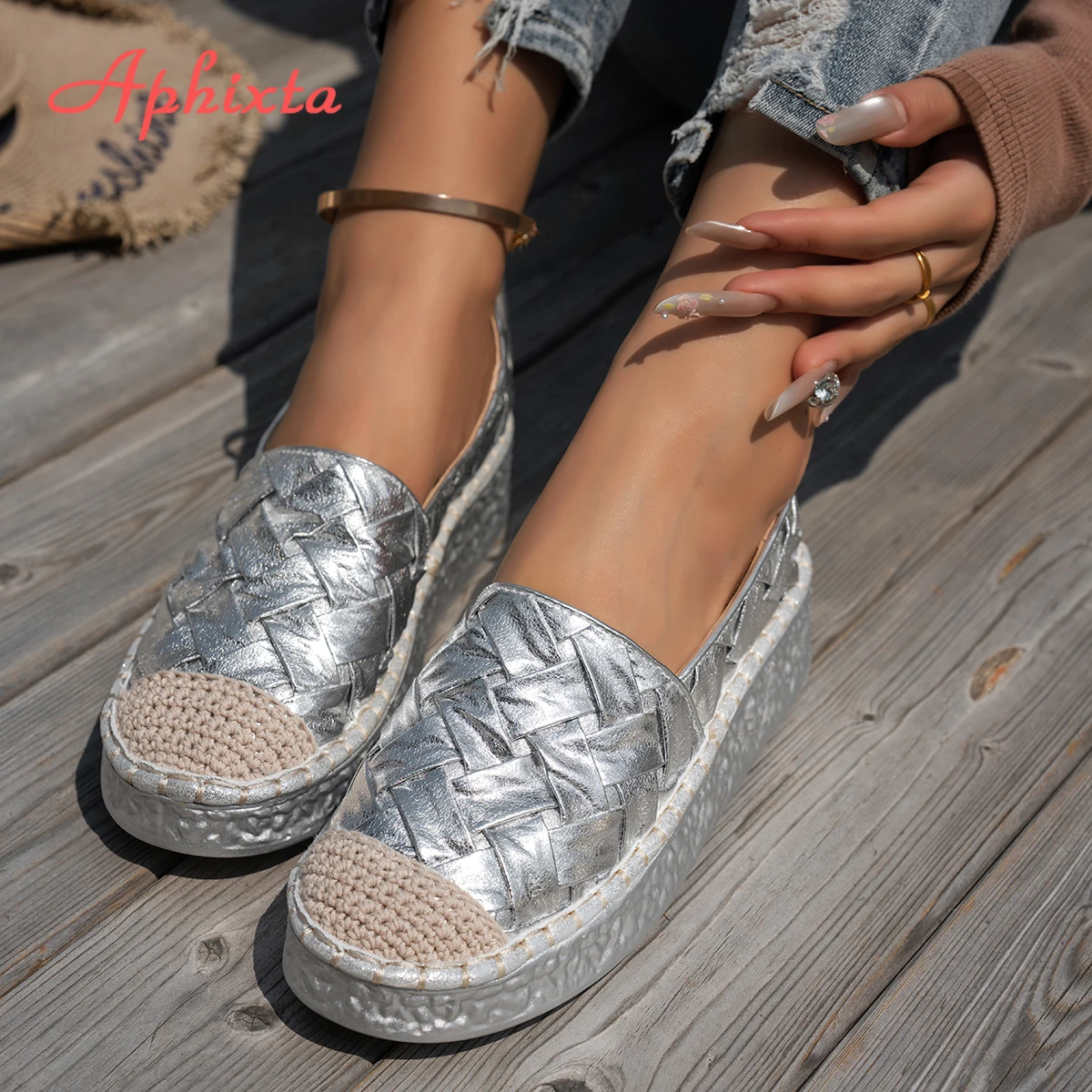 Aphixta New Flat Platform Women's Casual Shoes 4.5cm Chunky Heels Silver Gold Loafers Weave Design Autumn Woman Flats Size 35-43