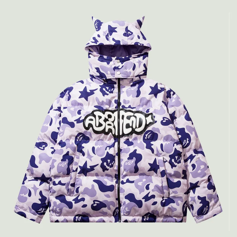 

Hip Hop Hooded Parkas Mens Streetwear Harajuku Little Devil Letter Embroidery Camouflage Padded Jackets Winter Warm Coats Unisex