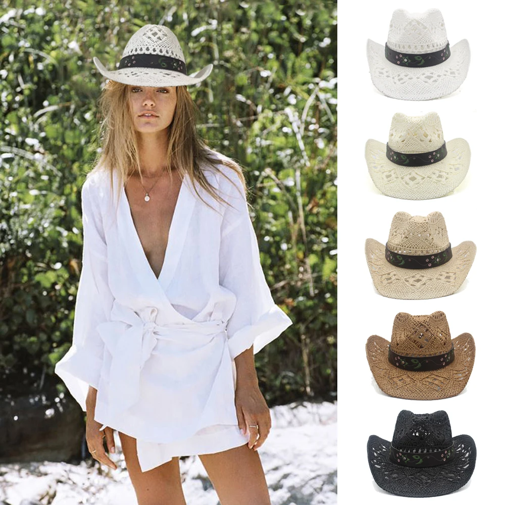 

Men Women Straw Western Cowboy Hats Wide Brim Sunhat Summer Caps Sombrero Travel Sunbonnet Street Style Beach Size US 7 1/4 UK L