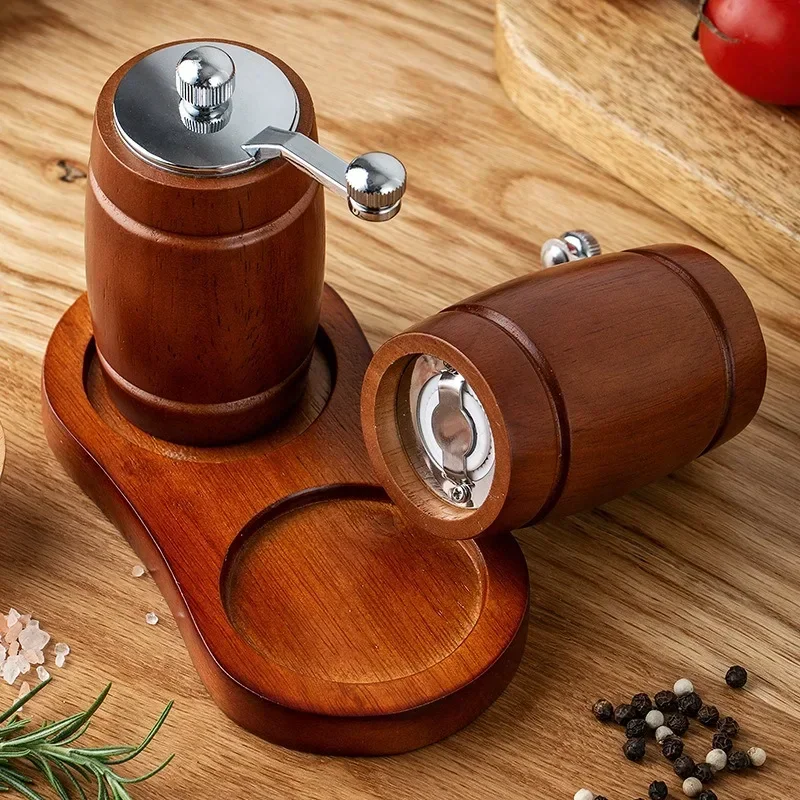 2Pcs Barrel Shape Salt and Pepper Grinder with Base Hand Cranked Wooden Pepper Grinder Salt Grinding Bottle Spice Pepper Mills