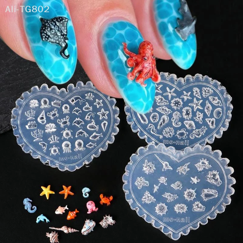 3D 실리콘 네일 몰드 바다 조개 불가사리 물고기 꼬리 해파리 소라 투명 네일 아트 조각 템플릿 DIY 액세서리