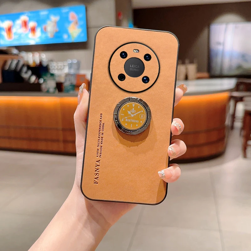 Luxury Matte Leather Phone Case with Ring Bracket and Shockproof Design