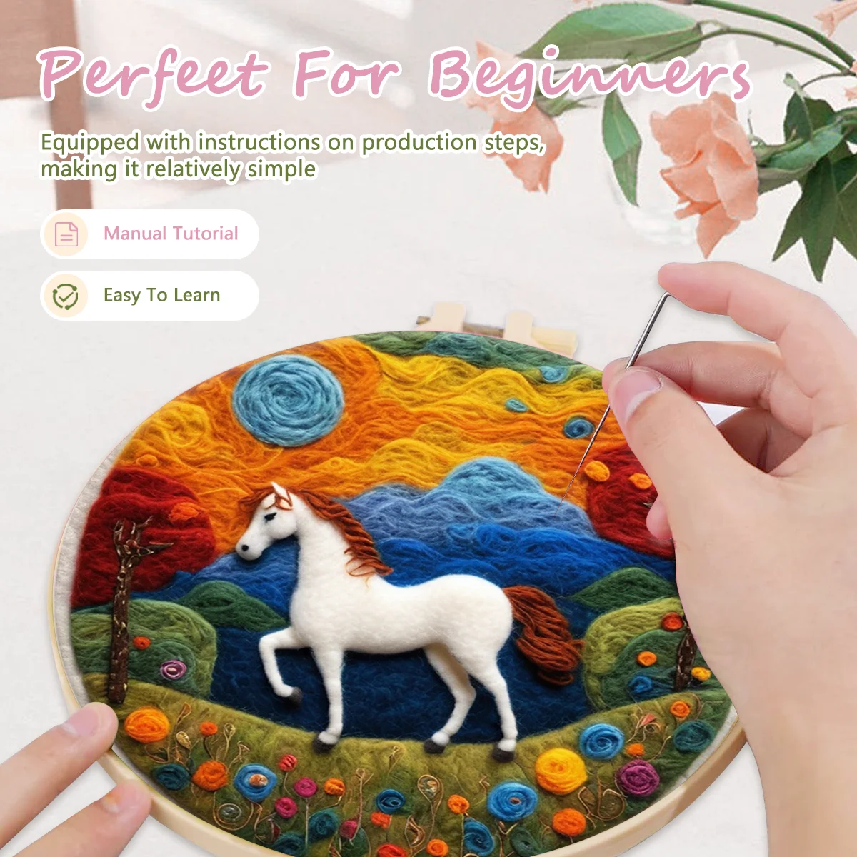 RUOPOTY Horse Pattern Needle Felt Starter Set Wool Felting Painting Diy Wool Embroidery Kit Diy Needle Felt Picture Craft