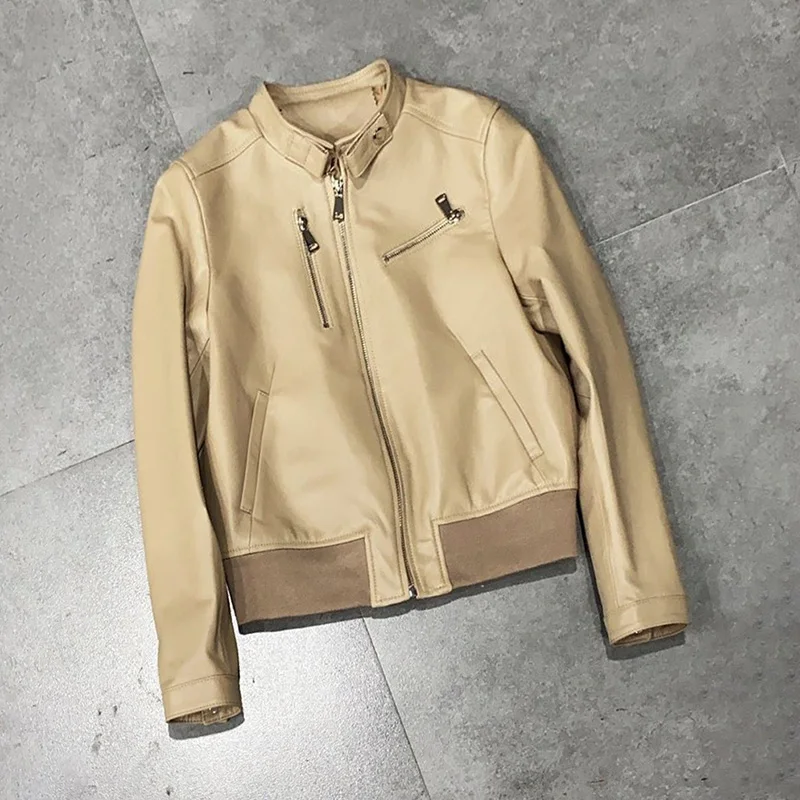 Женская куртка-бомбер из натуральной овечьей кожи, с воротником-стойкой, на молнии, с длинным рукавом, весна TF5462