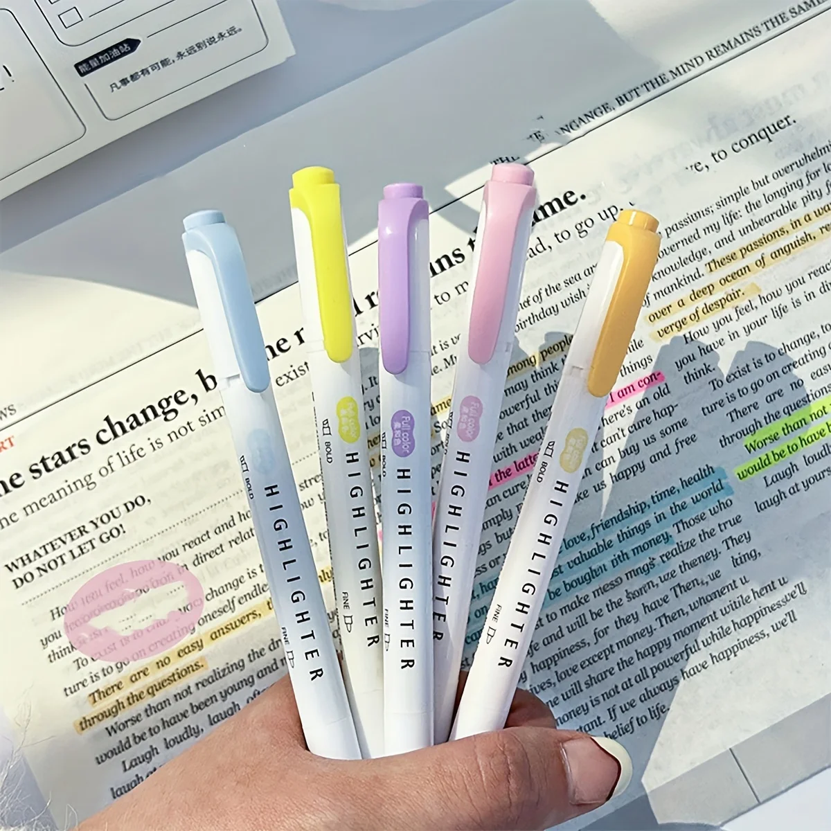 5pcs Pastel Highlighters Colors Dual Tip Fluorescent Hook Pen Colored Mark Pen Cute Markers for Journaling Japanese Stationery