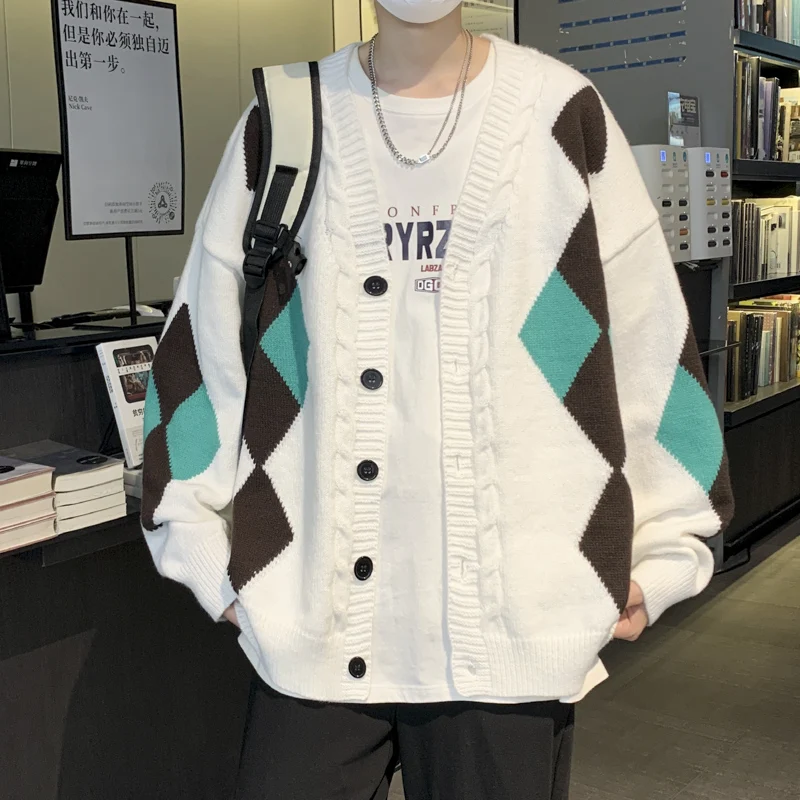 

Top New Autum Winter Brand Fashion Knitted Men Cardigan Sweater Contrast Color Korean Casual Coats Jacket Mens Clothing A91