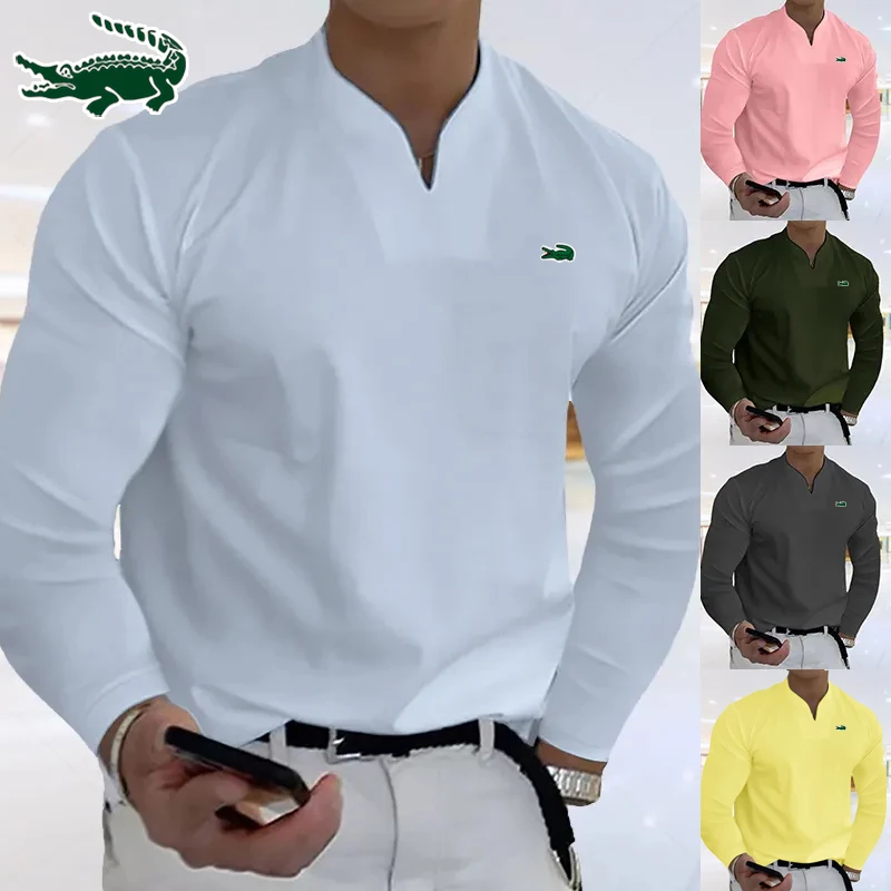 

2023 High quality men's autumn new pure cotton T-shirt shirt Business casual sports V-neck long sleeved T-shirt shirt top S-5XL