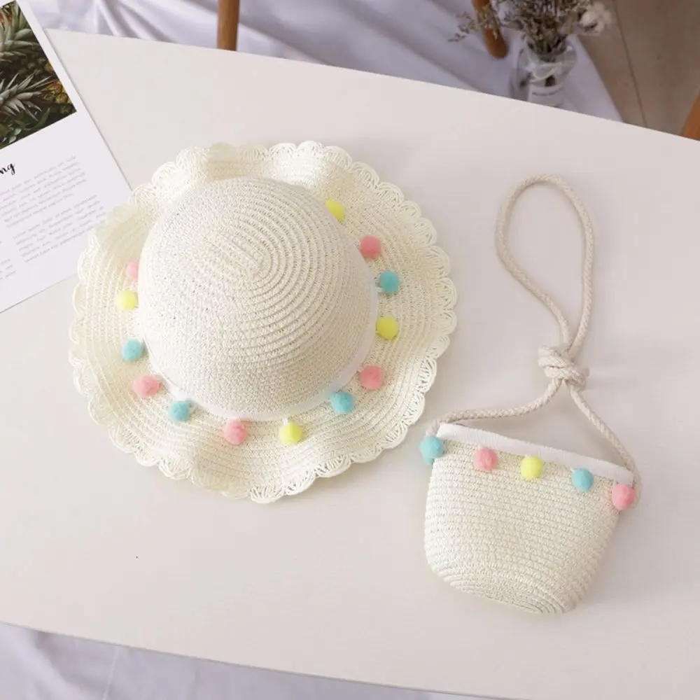 Fashion Large Sun Protection Summer Hat Floppy Pompom Ball Handbag Beach Hat Bucket Cap Straw Woven
