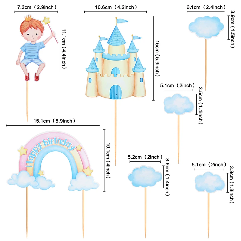 Cake Topper Cake Decoration Rainbow Cloud Castle Cake Topper Toppers Bowknot Cake Flags Kids Boys Happy Birthday Party Baking Dessert DIY Decor New