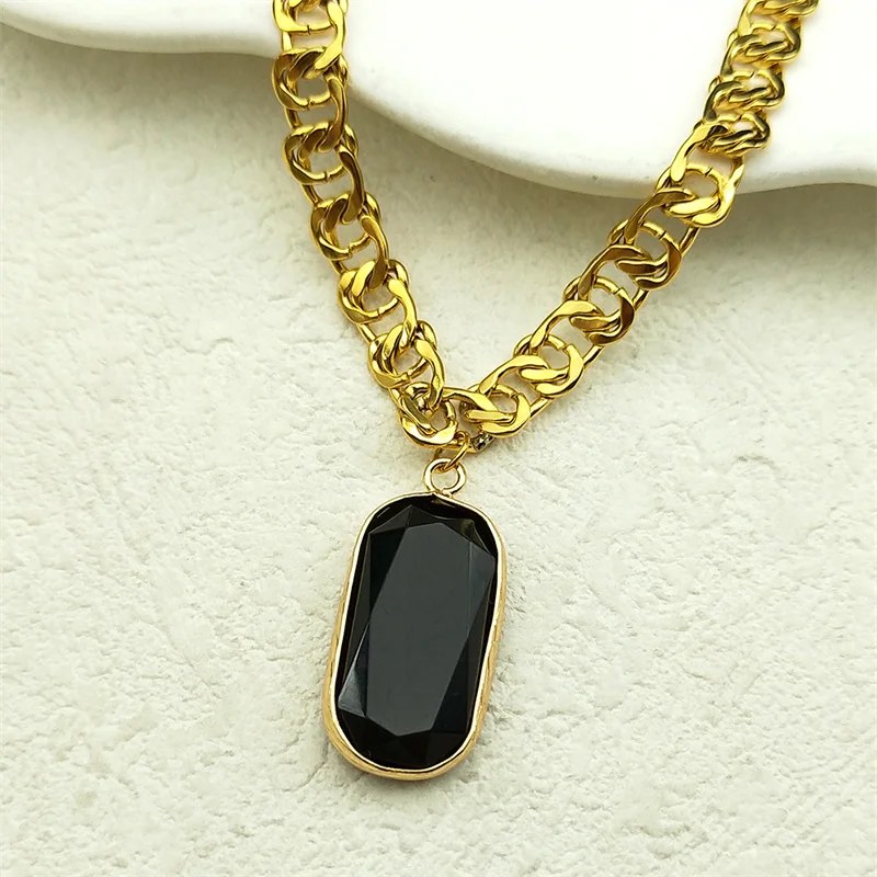 Mode Schwarz Obsidian Geometrische Anhänger Choker Halskette Frauen Edelstahl Naturstein Kette Halsketten Jewerly NDD16-3S04