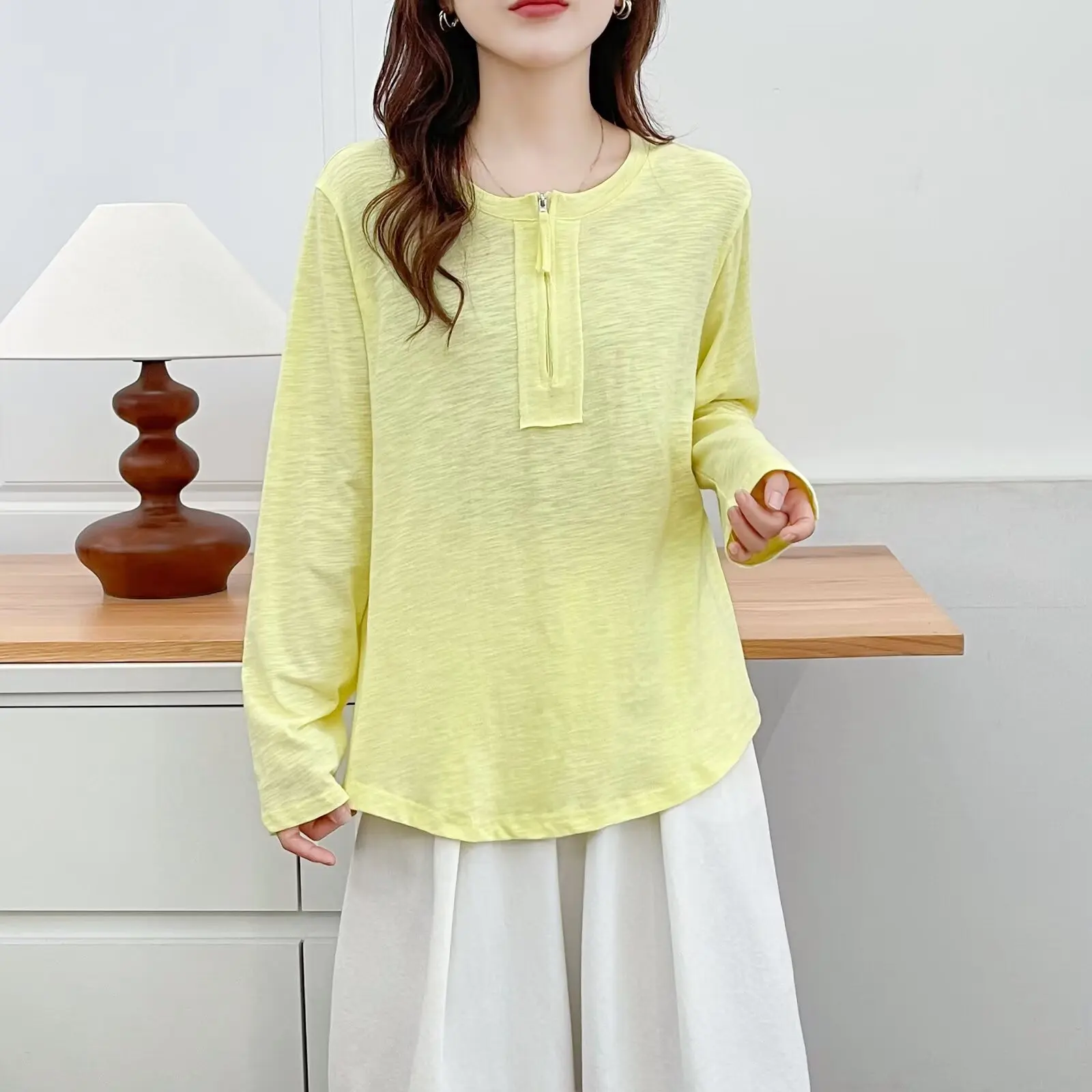 Plus Size Women's T-Shirt Casual Long Sleeve Zipper half-open Collar Solid Color Basic Tops 2555