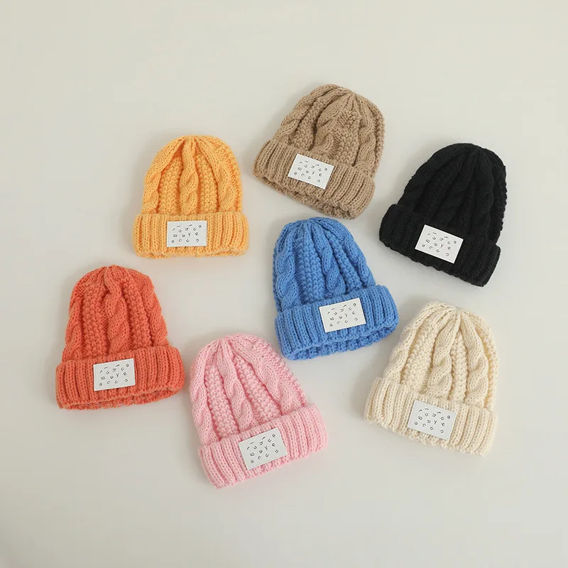 2023 Autumn Winter Children Hat Candy Color Knitting Cap with Leather Label Korean Kids Hat Boys Girls Warm Beanie 2-6 Years Old
