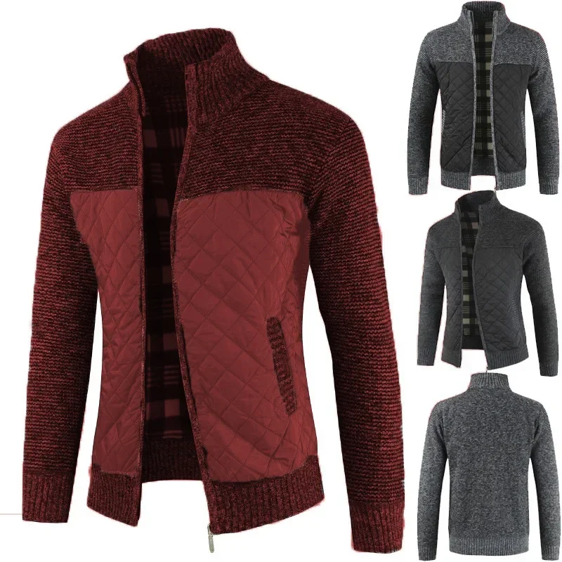 

2023 Men's Standing Collar Striped Plaid Zipper Style Plush Fashionable Color Blocking Warm Knitted Jacket Sweater