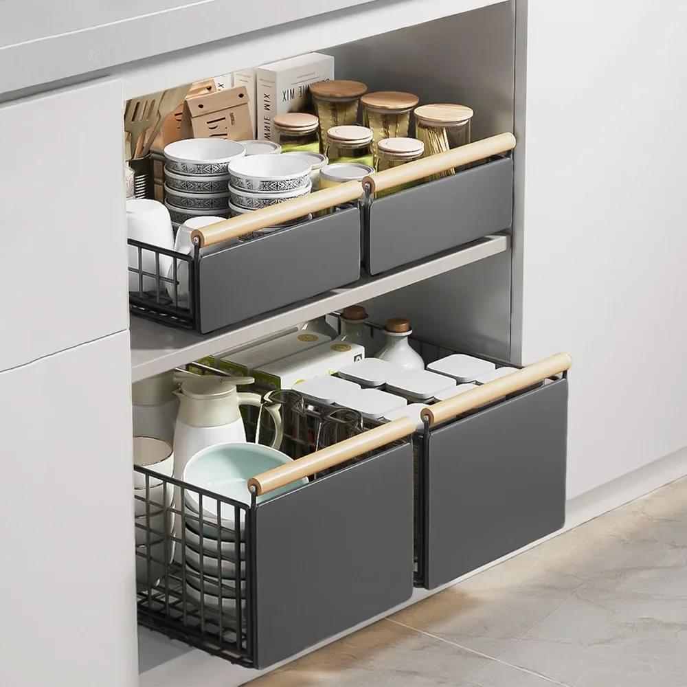 Double Layered Pull-Out Cabinet Carbon Steel Kitchen Under Sink Cabinets Roll Out Cabinet Shelf Drawer Storage Cosmetic Shelf ﻿