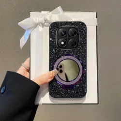 Luxury Rhinestone Glitter Soft Phone Case with Shiny Mirror Magnetic Holder - Redmi Note 14ProPlus (Mixed Black)