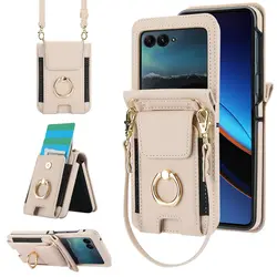 Crossbody Leather Case with Ring Holder, Bracelet, Card Slot, and Long Lanyard - Wallet Cover - MOTO Razr 70 (White)