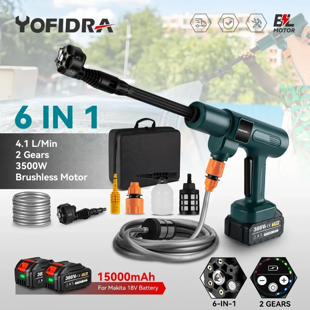 Yofidra 200bar brushless Csavaralátét pisztoly 6-in-1 Hathatós autó Csavaralátét high-pressure tisztító kerti Öntözés újratölthető szp pisztoly