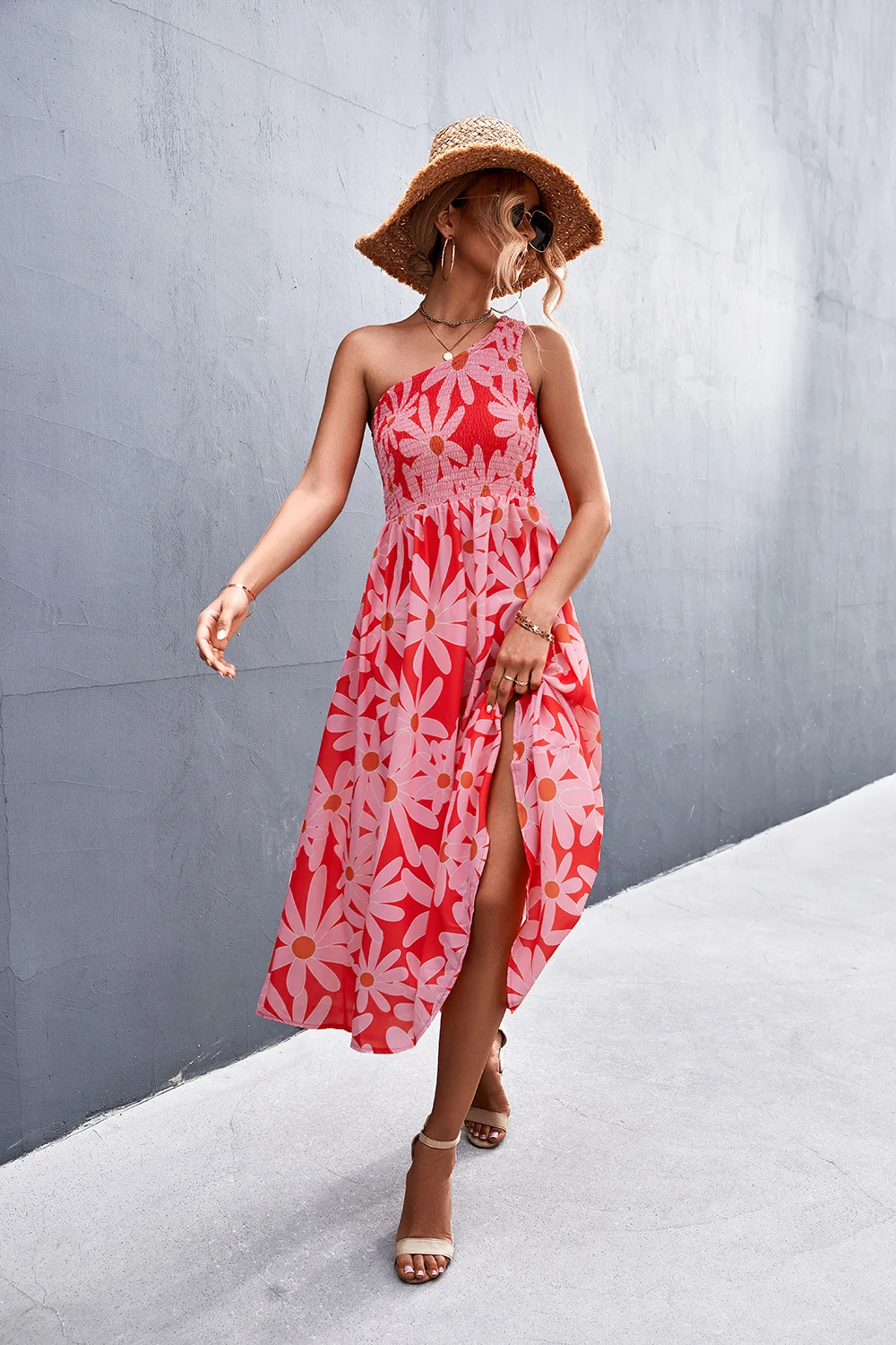 

2022 Summer Dress for Women Print Color Diagonal Collar Sexy Long Dresses Beach Style Autumn Elegant Femme Party Robe C3749