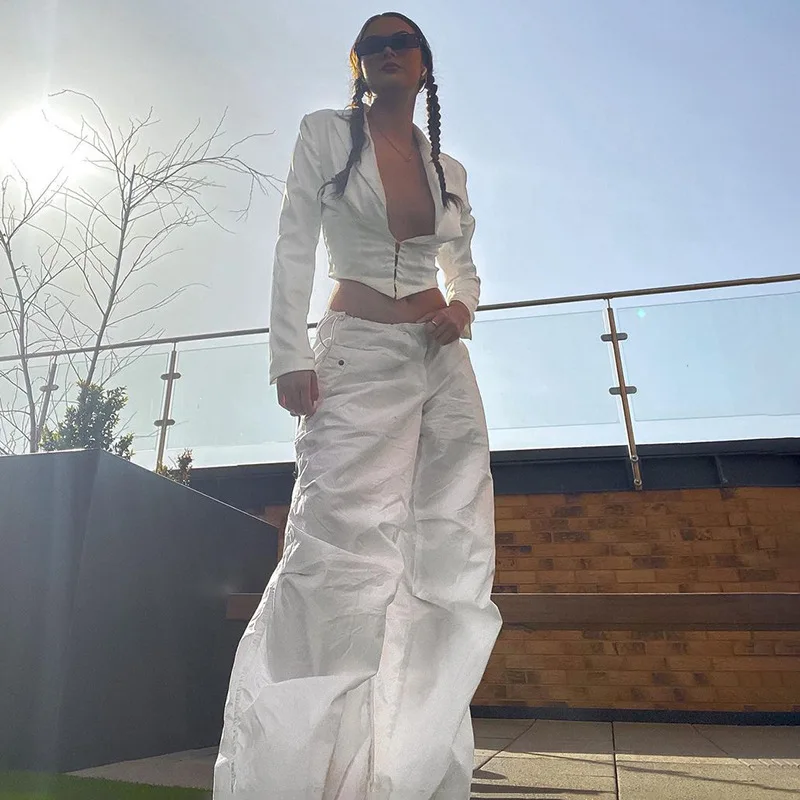 

Baggy Y2K Streetwear Casual White Cargo Pants 2022 New Women Trousers Solid Loose Low Waist Wide Leg Joggers Female Hippie Pants