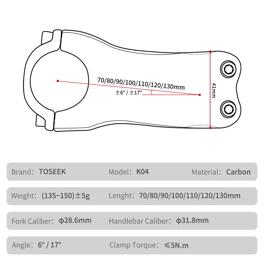 TOSEEK Fahrrad-Vorbau aus Carbonfaser für MTB/Rennrad, 6/17 Grad, 70-130mm, Schwarz Matt, Fahrradteile Lenker-Vorbauten – Detail 3
