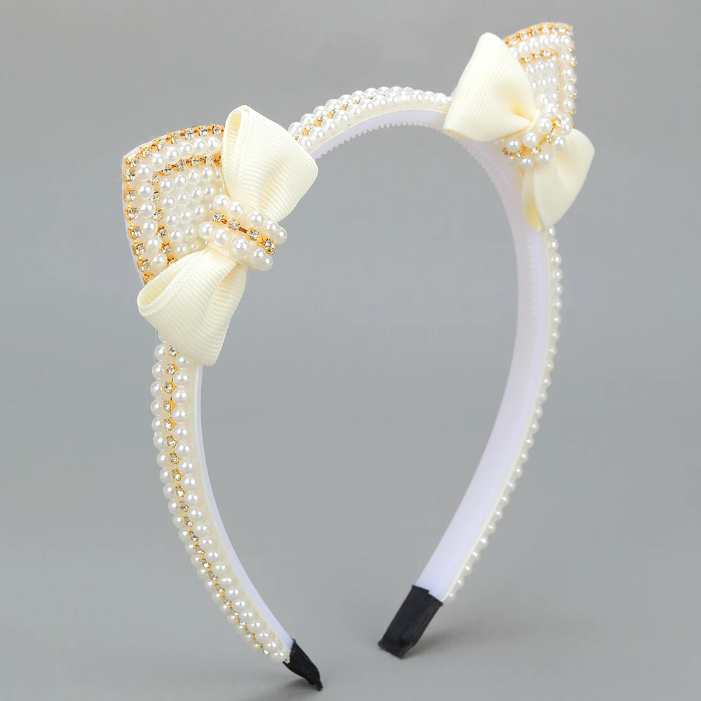 Cat Ear Headband - Cute Pearl Bow Hair Hoop for Girls