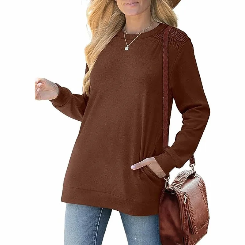 Autumn and Winter Women's Pullover Round Neck Solid Shirring Pocket Lantern Long Sleeve Sports Sweater T-shirt Casual Tops