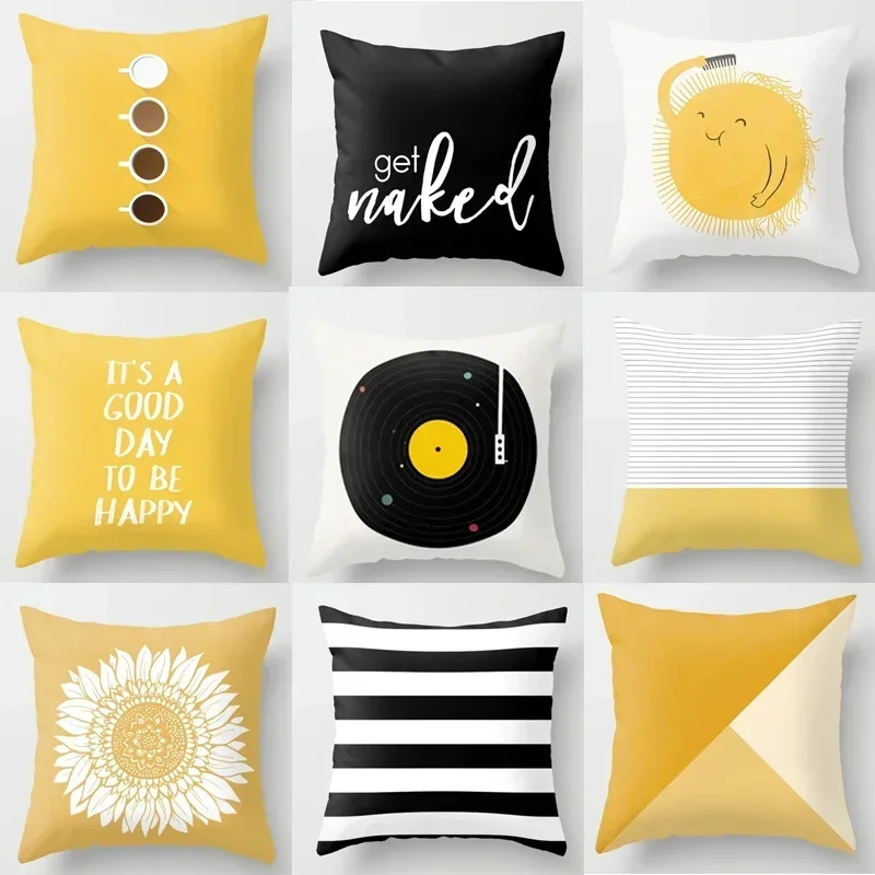 

Yellow Geometric Polyester Cushion Cover Modern Black Letter Pillow Covers Decorative Sofa Cushions Throw Pillows Pillowcases