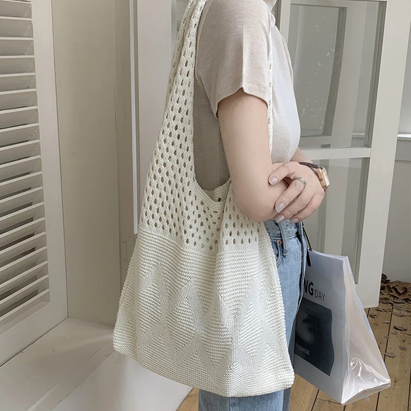 Vintage Hollow Woven Underarm Shoulder Bag Knitted Handbag for Women Large Capacity Shopper Totes Ladies Beach Travel Bag