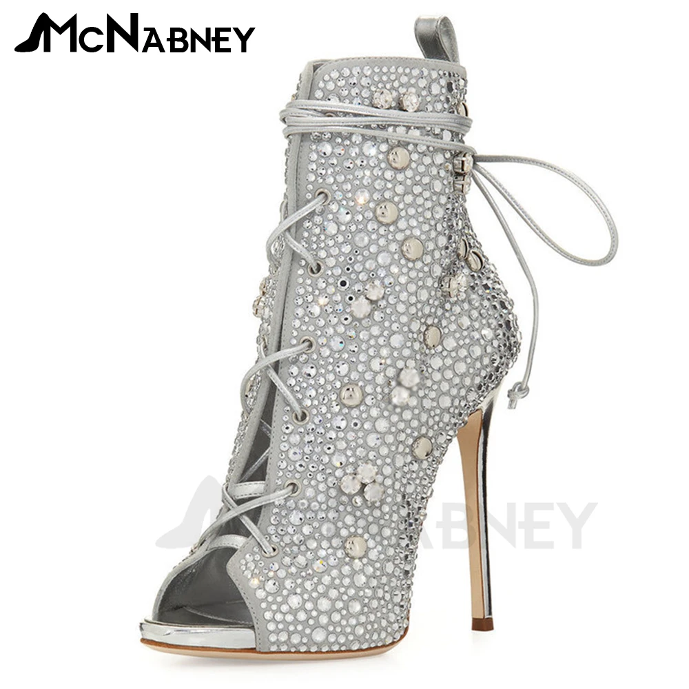 

Rhinestone Peep Toe Strap Sandal Boots Luxurious Crystal Ankle Boots Fashion Designer Metal Heel Lace Up Summer Shoes for Women