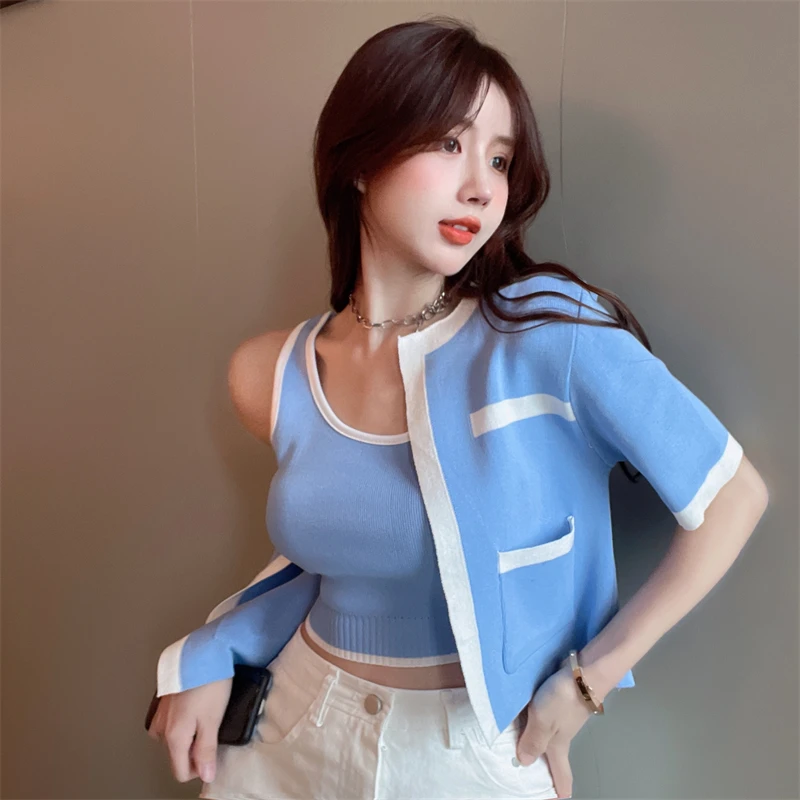 

Autumn Japan Girl Korean Women Knitted Vest Crop Top Sweater Cardigans Sweater Two Piece Sets Sexy Streetwear Female Tops