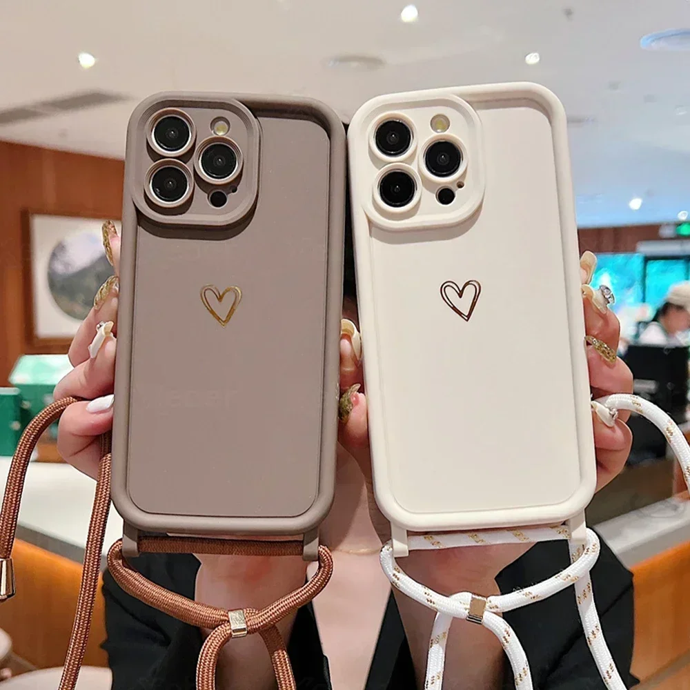Elegant Love Heart Silicone Phone Case with Crossbody Necklace Strap