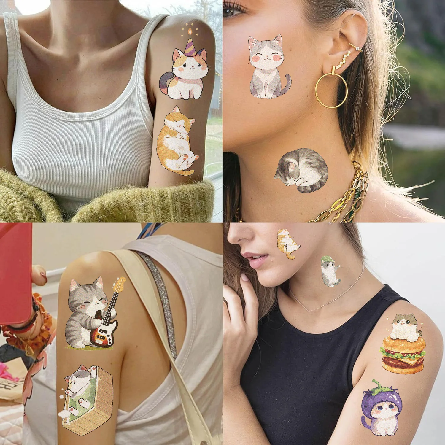 10 Stück Niedliche Katzen-Tattoo-Aufkleber Kawaii Cartoon-Tier Kinder Temporäre Wasserfeste Tattoos Aufkleber-Set Party-Spielzeug Geschenk – Detail 7