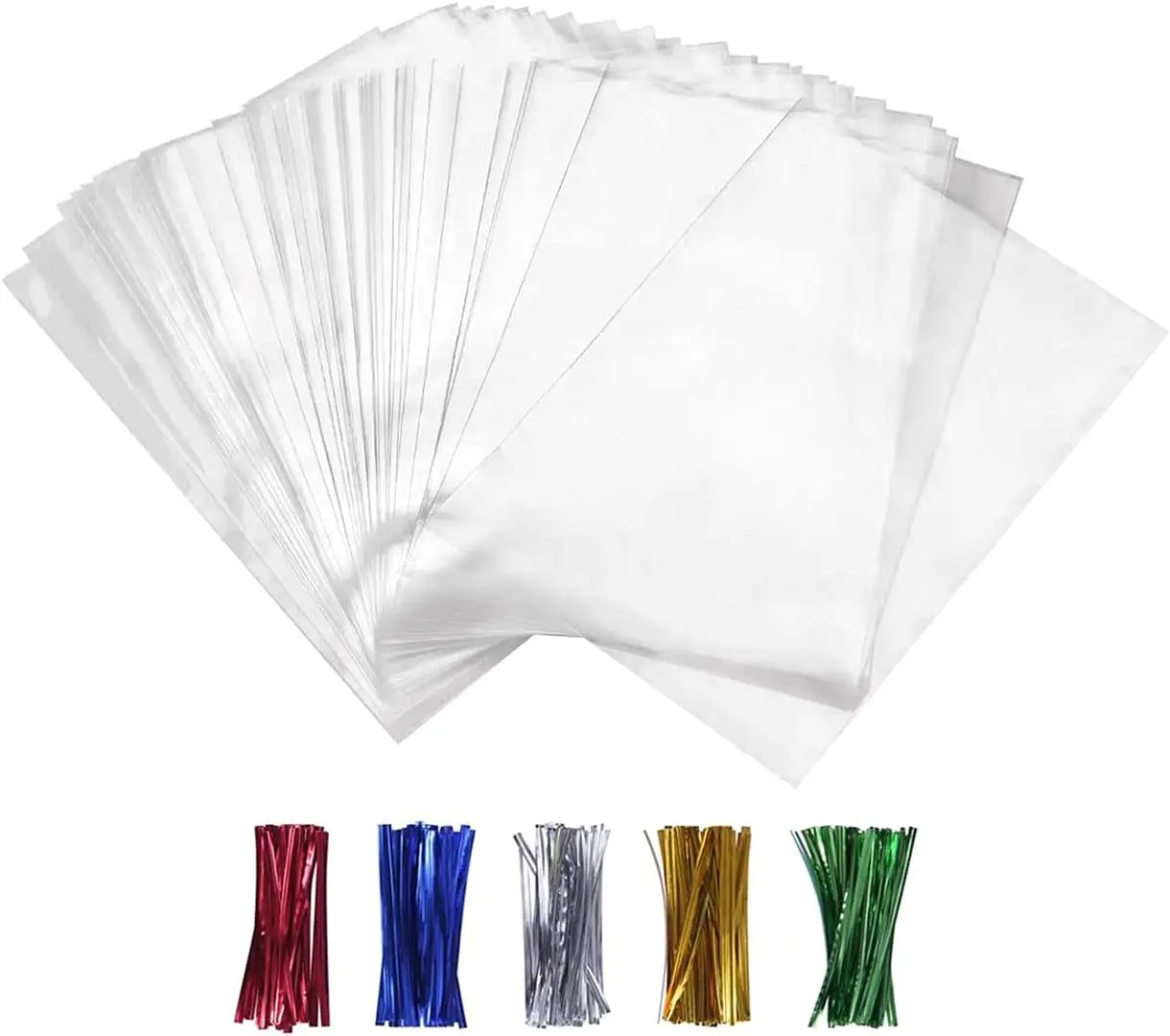 100PCS Cellophane Bags Clear Plastic Cello Bags 4x6 with 4" Twist Ties 5 Mix Colors - 1.4 mils Thick OPP Storage (4'' x 6'')