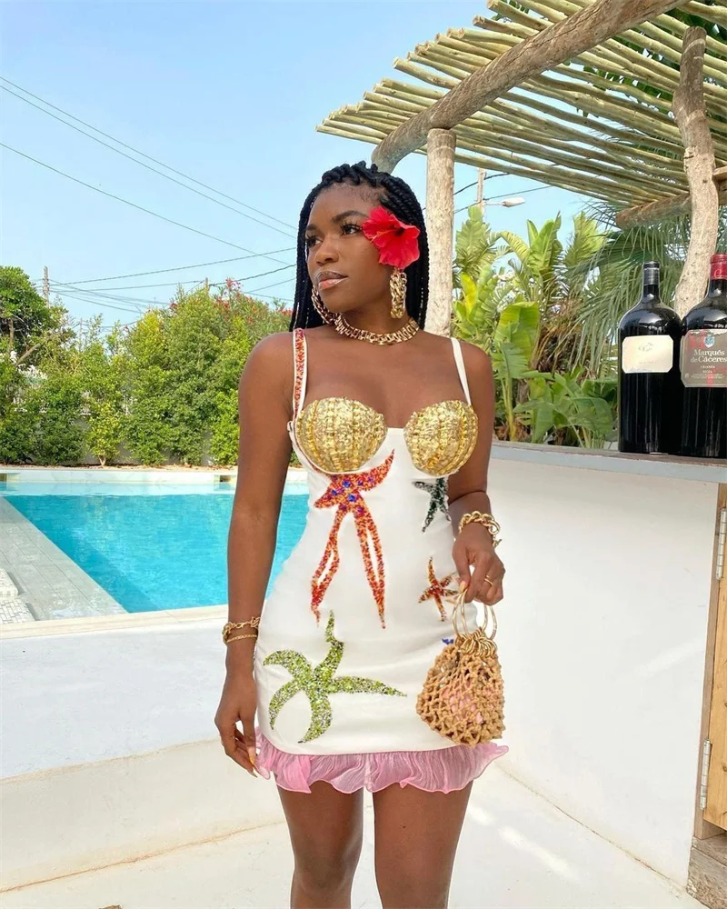 

High Quality Shining Sequins Starfish Spaghetti Strap Bandage Mini Dress Fashion Celebrity Evening Dress Beach Party Vestido