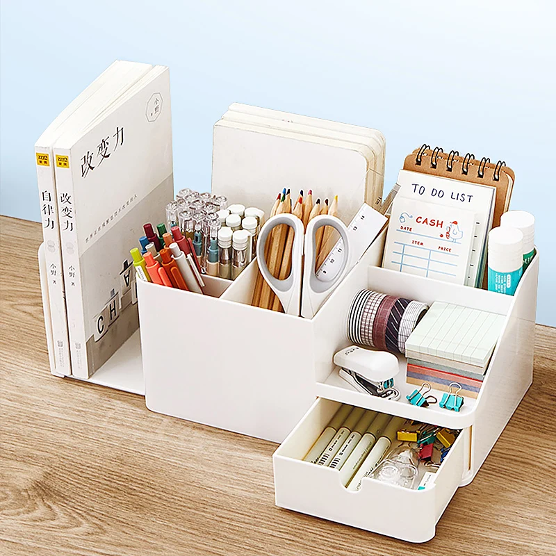 DIY White Wooden Desk Office Organizer Storage Holder Desktop Pencil Pen  Sundries Badge Box Stationery Office School Supplies - AliExpress