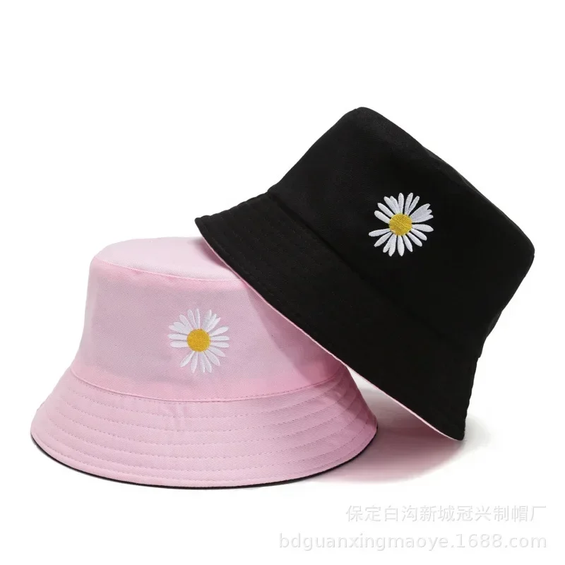 Bucket Hats Double-Sided Daisy Embroidery Women Men Hip Hop Panama Bob Caps Folded Beach Sun Fisherman Hat