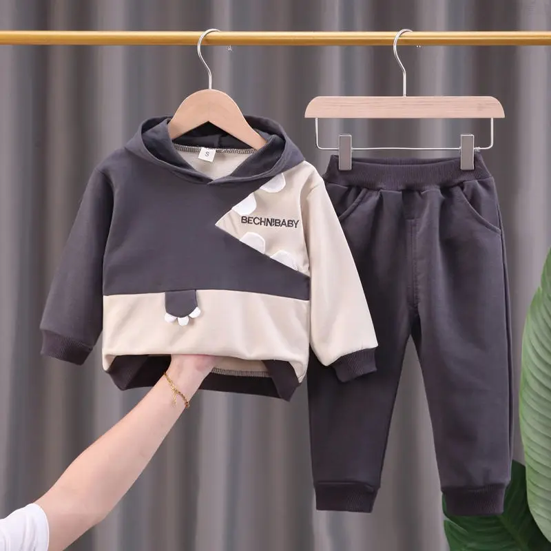 

Spring and Autumn Clothing Boys' New Fashionable Children's Cute Color Block Hooded Clothes Baby Two Piece Set