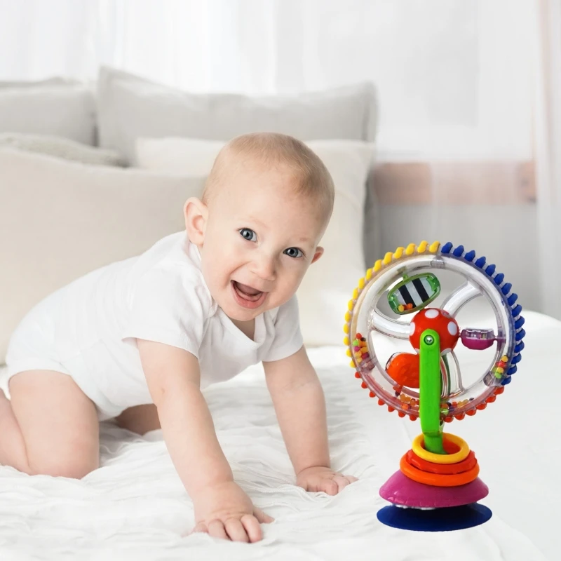 Baby Tummy Time Toy Rainbow Suction Cup Rattle Crib Toy Sky Wheel with Colorful Beads Interactive Rotary for Infant