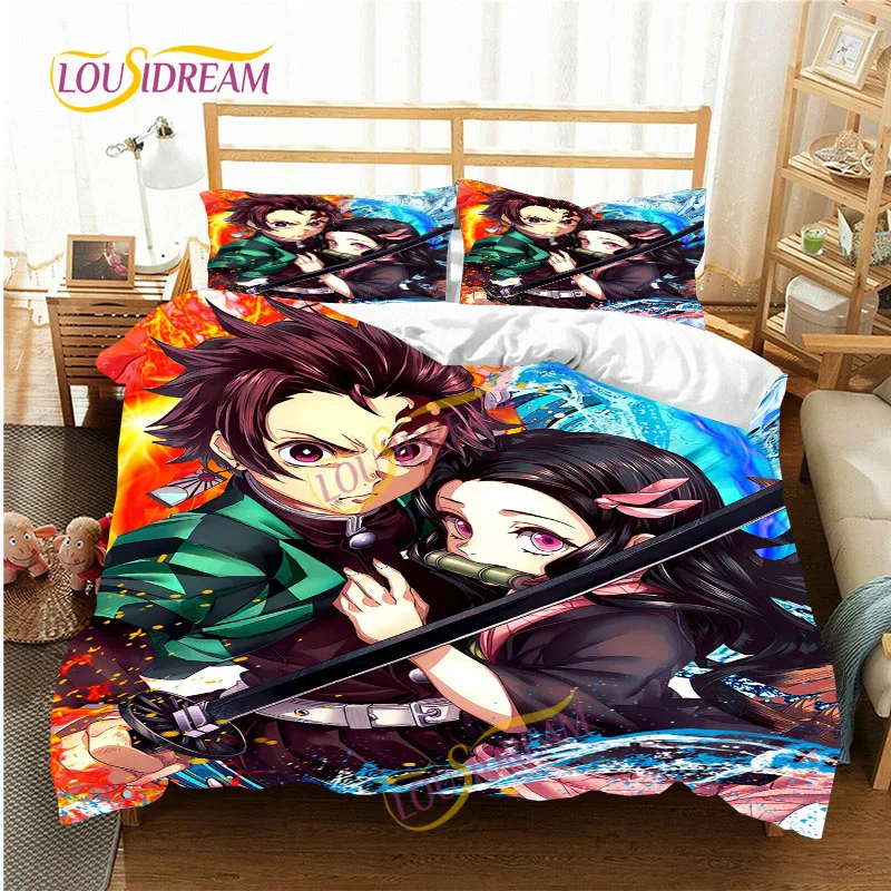 

3D Cartoon comics Demon Slayer Nezuko Pillowcase Four Seasons Bedding 3 Piece Single/Double Quilt Cover Textile Sheet.